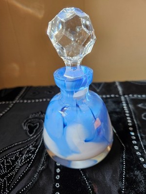 blue and white and pink art glass perfume bottle and stopper