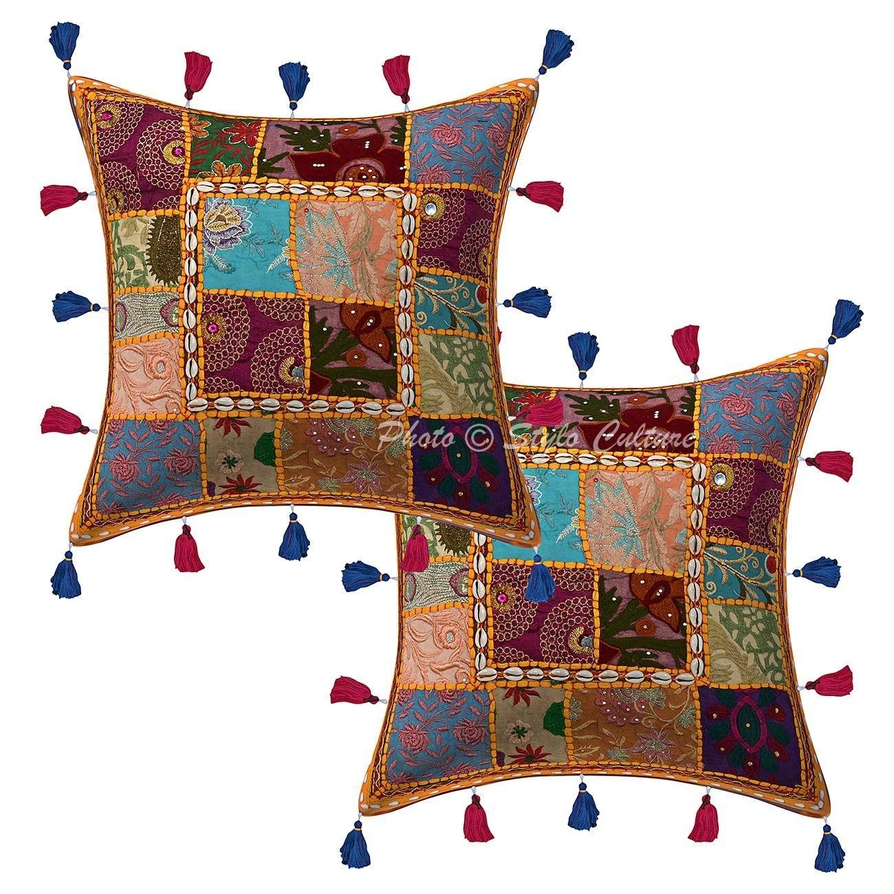 Decorative Patchwork Cowry Tassels Throw Pillow Covers Cotton 40x40 cm Bohemian