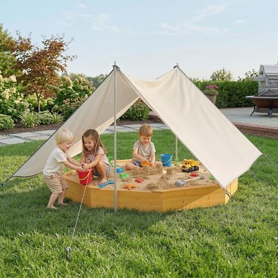 Qaba Wooden Sandbox with Large Canopy, Outdoor Sand Box with Bottom Liner