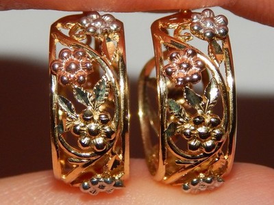 14K YELLOW WHITE ROSE BEVERLY HILLS GOLD FLOWER  LEVERBACK HOOP HUGGIE EARRINGS