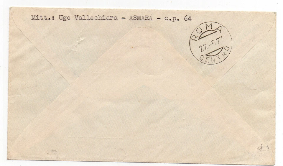 1927 Eritrea italiana serie4v. su busta per ROMA, timbro arrivo al verso - Immagine 2 di 2
