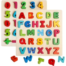 2 Pcs Wooden Alphabet Puzzle Uppercase Letters Numbers Learning Toy 