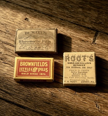 #ad Vintage Medicine DeWitt’s Rheumatic Brownfields Little Pills Root’s Corn Remover $24.00