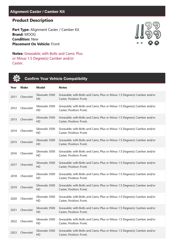 Kit de rueda de alineación/camber MOOG para Chevrolet Silverado 3500 HD 2011-2023 Foto 2 de 3