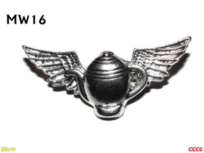 steampunk badge brooch pin wings silver teapot Alice in Wonderland brew #MW16