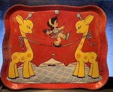 Vintage Child's Tin Tray Girl on Tightrope w/ 2 Giraffes