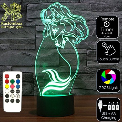 LITTLE MERMAID ARIEL 3D LED Night Light 7 Colour Change Room Lamp Battery USB - Picture 7 of 12