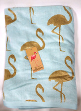 NEW LIGHT BLUE AND GOLD FLAMINGO COTTON,VISCOSE BEACH,OVERSIZE TOWEL-70" X 37"