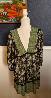 Coco and Chase Nordstrom Blouse Shirt Semi Shear Floral Green Brown Sz Large L