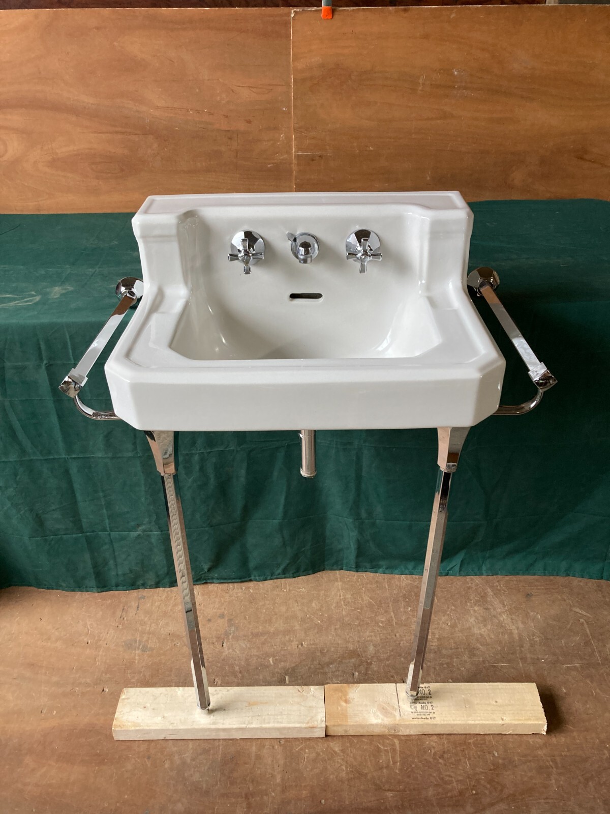 Vtg Mid Century Deco White Bath Sink Chrome legs Towel Bars Old Standard 13124E eBay