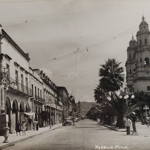 Morelia Street Old Cars Mexico RPPC Postcard 1940s Vintage Michoacan