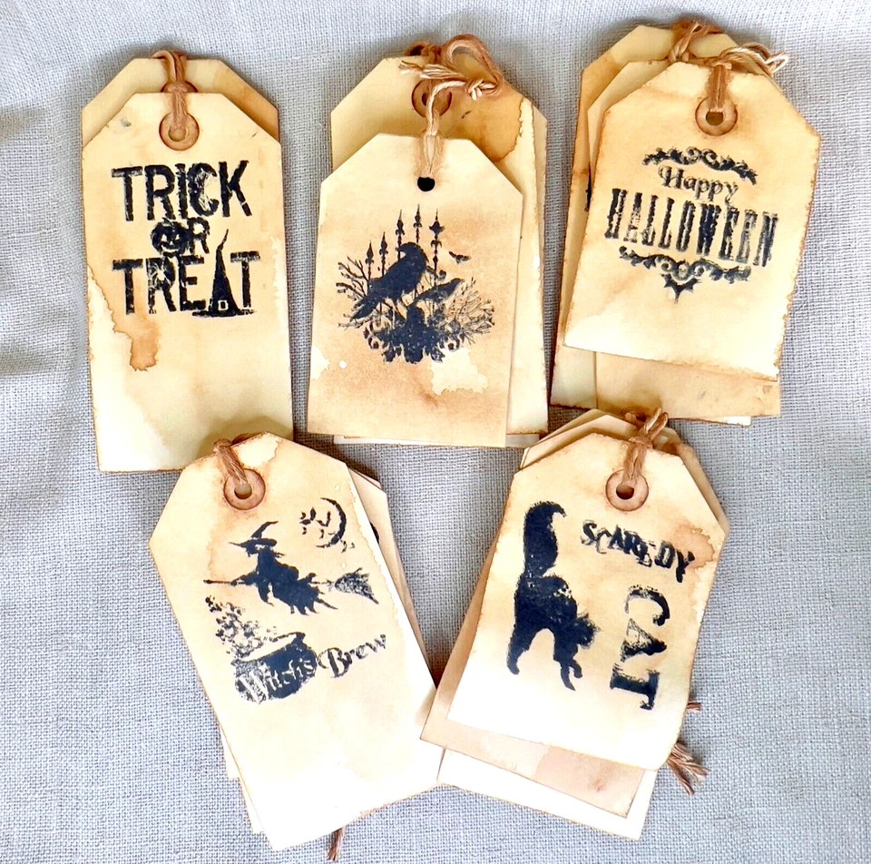 Folk-Art Primitive Halloween Stamped Hang Tags, 14-pcs (Large 4.25") & (XL 5.5") - Image 2 of 4