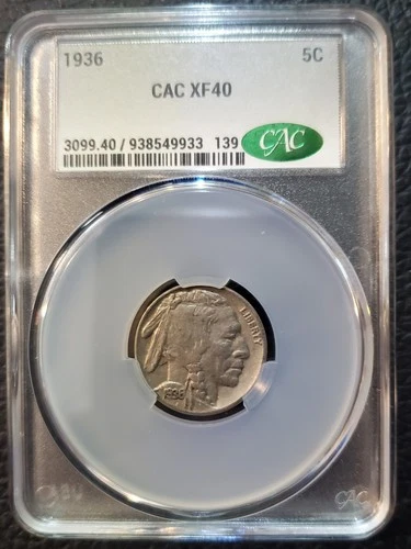 1936 P Buffalo Nickel 5c CAC XF40 Nice Luster