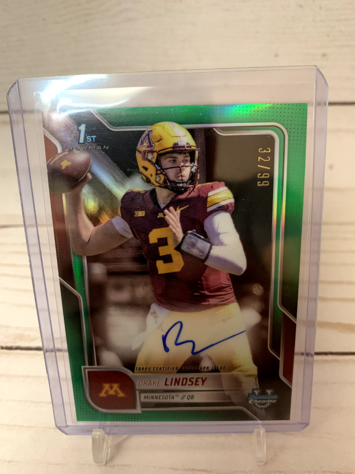 Drake Lindsey 2025 Bowman Chrome University #BCA-DLI Chrome Green Auto #/99