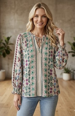 Easel Los Angeles Womens Floral Tie Neck Ruffle Top Medium Summer Boho Chic NWT