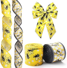 2 Rolls Spring Bee Ribbons Wired for Wreath Bows Wrapping Gifts, Bumblebees Ribb