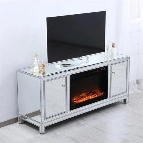 Elegant Decor Modern 60" Mirrored Faux Log Fireplace TV Stand in Antique Silver - Picture 8 of 10