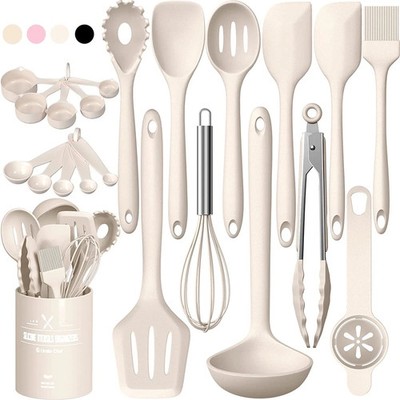 22PC Silicone Kitchen Utensil Set Heat Resistant Nonstick Cooking Tools Khaki