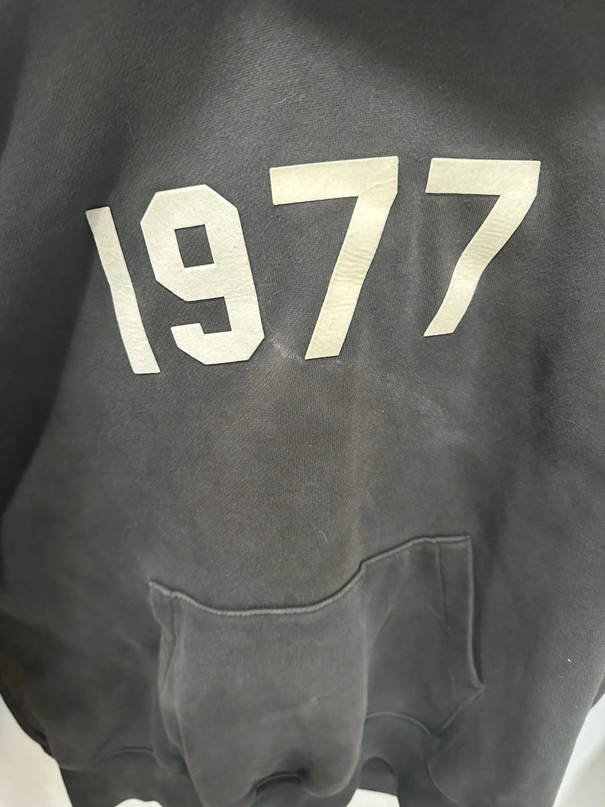 Felpa con cappuccio Essentials Fear Of God 1977 Iron indossata