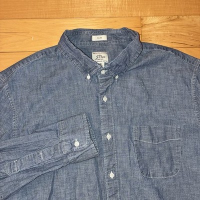 J Crew Organic Cotton Workshirt Mens XL Slim Denim Blue Stretch Long Sleeve