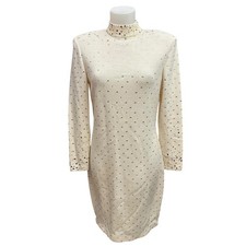St. John Ivory Santana Knit Shiny Paillette Sequin Long Sleeve Midi Dress sz 6