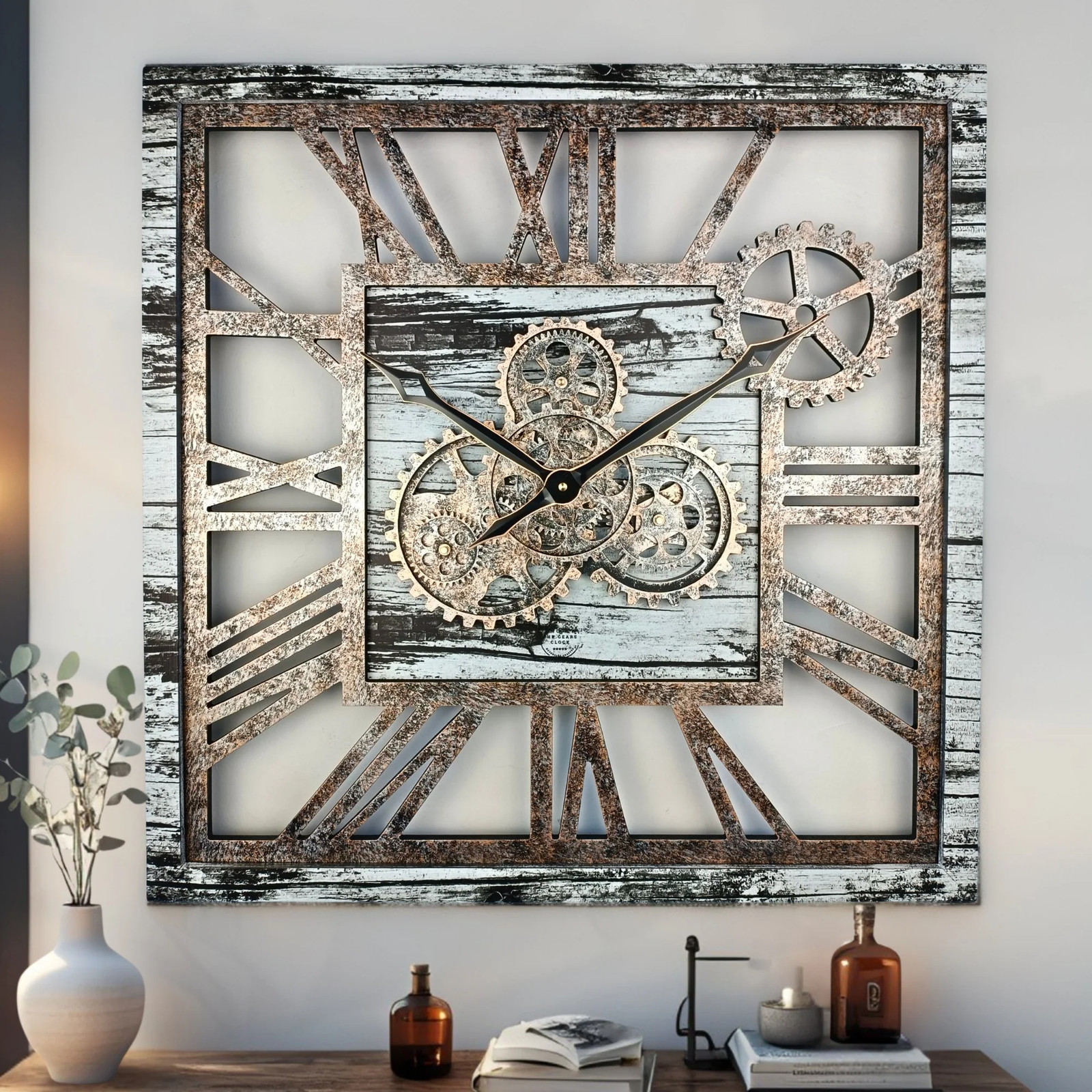 The Gears Clock AMERICA LINE WALL CLOCK SQUARE 24 INCH GREY AND WHITE