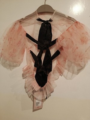 Simone Rocha x H&M sz S Sheer Pink Puff-Sleeve Tulle Top Black Ribbon Detail NEW