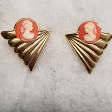 Vtg nos orange white Cameo pierced Earrings
