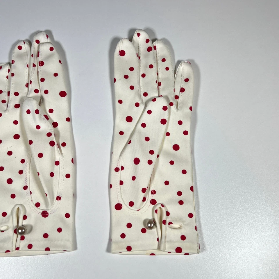 Guantes de vestir vintage de nailon a lunares Aris años 50 rojo blanco Alemania zona EE. UU. 8,5 pulgadas Foto 2 de 4