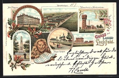 Lithograph camp Lechfeld, barrack camp, new barracks, monastery, warrior memorial 