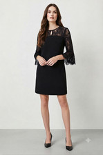 • Black Lace Overlay Shift Dress Women's Size M Keyhole Back Bell Sleeve