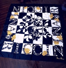 NINA RICCI VINTAGE SILK SCARF HAND ROLLED EDGE 35X35 FLORAL SPELLOUT