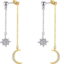 925 Sterling Silver Dangle Earrings for Women Moon and Star Earrings with Cubic