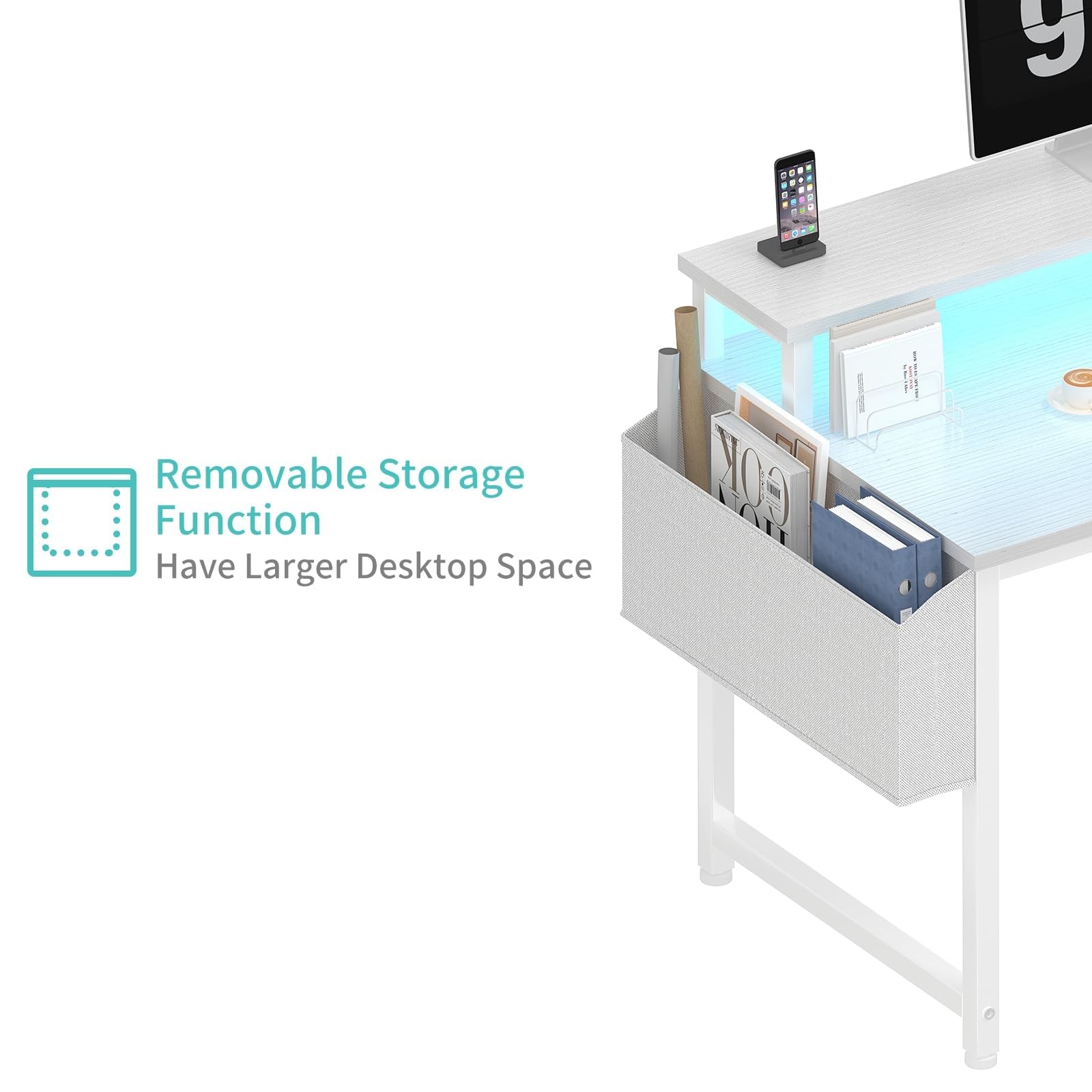 White Computer Desk with LED Lights and Power Outlets, 40 Inch Home Office De...