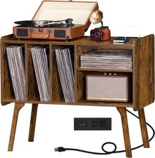 Record Player Stand with Charging Station, Holds 220 Albums, Brown