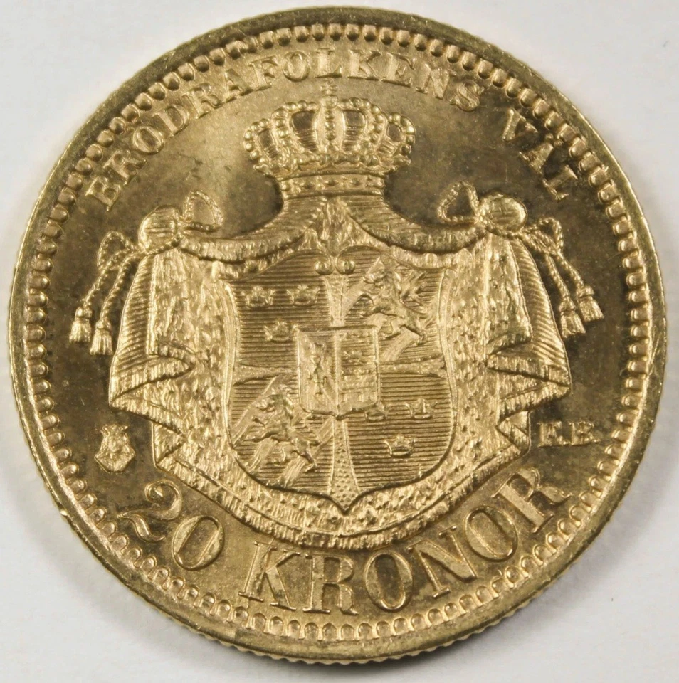 Sweden 1889 20 Kroner Gold Coin Almost BU 0.2593 Oz AGW Oscar II KM# 748 - Image 4 of 4