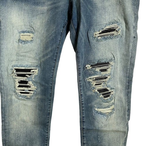 MNML Stretch Moto Denim Jeans Men Size 38 Blue Distressed Ripped Pants NEW - Picture 4 of 11