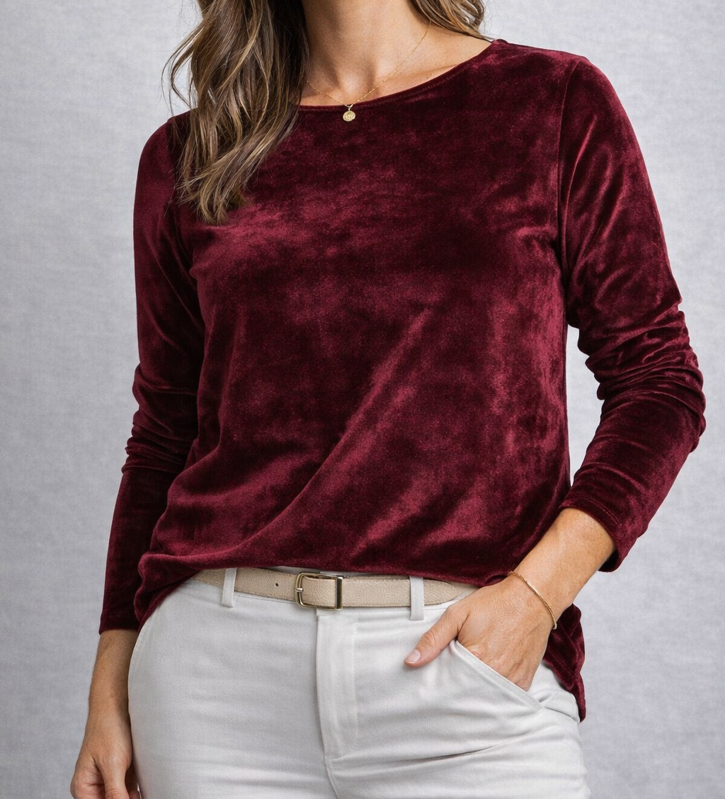 Miss Gabrielle Women Burgundy Velvet Long Sleeve Top Blouse Size XL