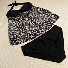 Zebra 2X-3X Tankini Swim Set Halter Black White Padded Retro Sweetheart Neck