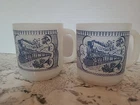 2-Vintage Currier And Ives Milk Glass Coffee Mug White Blue Train D Handle