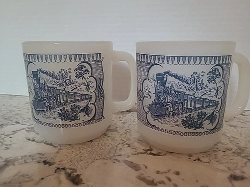 2-Vintage Currier And Ives Milk Glass Coffee Mug White Blue Train D Handle