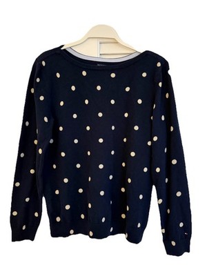 Tommy Hilfiger Women's Sweater L Prima Cotton Navy Blue Polka Dot Boat Neck