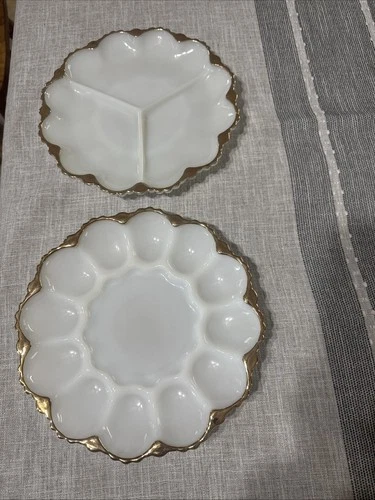 Anchor hocking fire king milk glass devil egg & Tri Plate platter dish gold trim