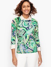 TALBOTS Green Paisley Print Sweater Pullover 3/4 Sleeve Sz 3X Lightweight