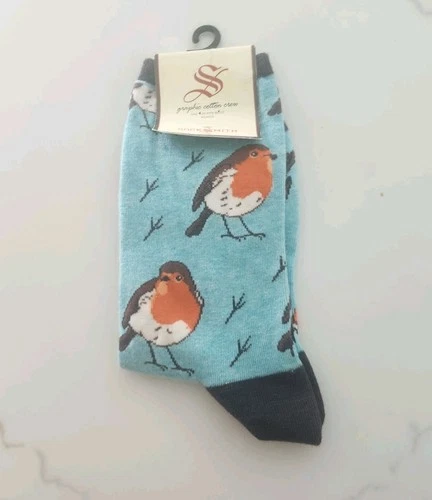 SockSmith Graphic Socks Robin Your Heart Blue Heather Cotton Womens Size 9 11