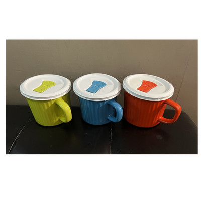 CorningWare 20 oz Ceramic Mugs w/ Plastic Lids Set of 3 Green Blue Red
