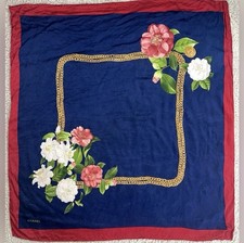 Authentic Vintage CHANEL Floral Silk Scarf Blue With Red Border