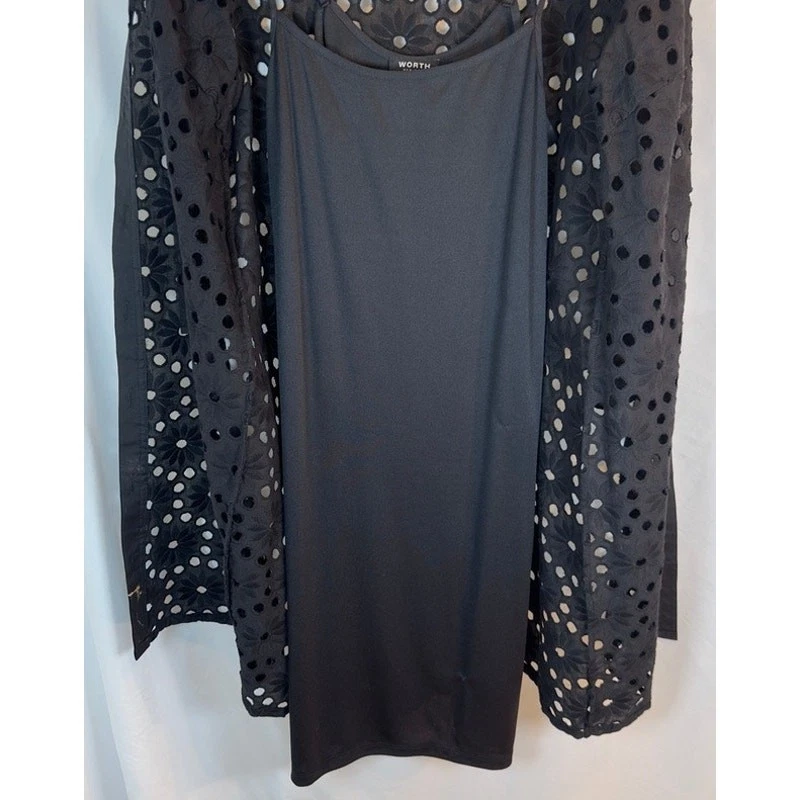 Worth New York Black Eyelet Overlay Dress Set Floral  Duster & Slip Sz 6 - Image 2 of 4