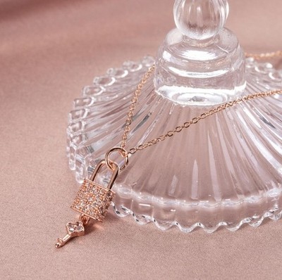Titanium Silver/Gold/Rose Gold Flower Lock Key Pave CZ Pendant Chain Necklace