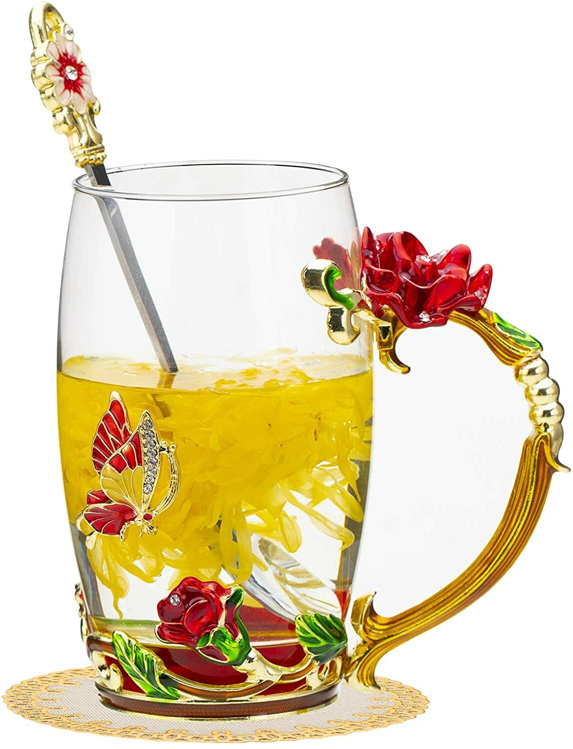 Enamel Water Glass Flower Tea Cup Rose Coffee Mug With Handle And Spoon